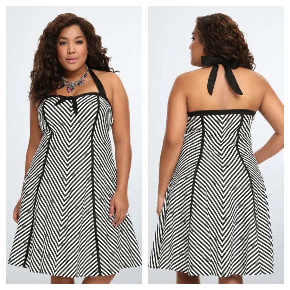 Torrid x Barbie Black & White Retro Stripe Swing Flare Halter Dress